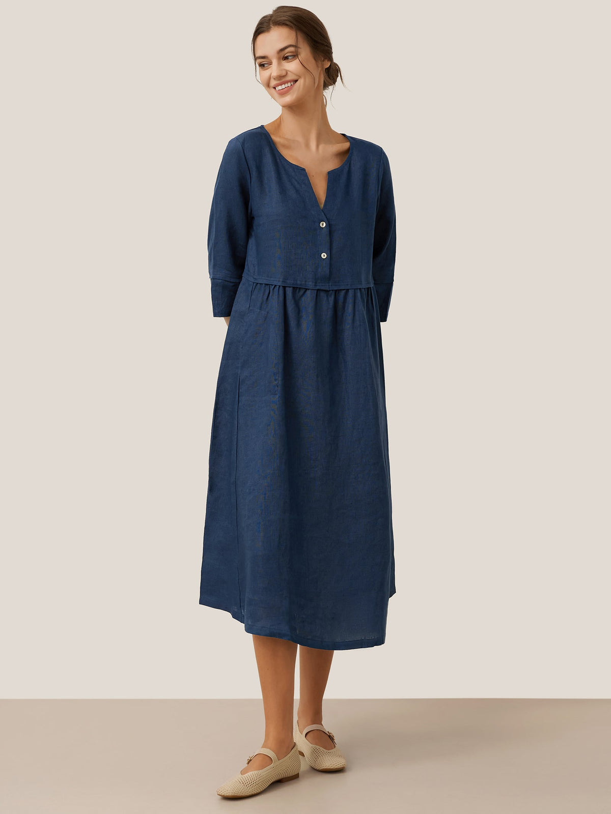 Loose Fit Button Waist Gathered Midi Dress