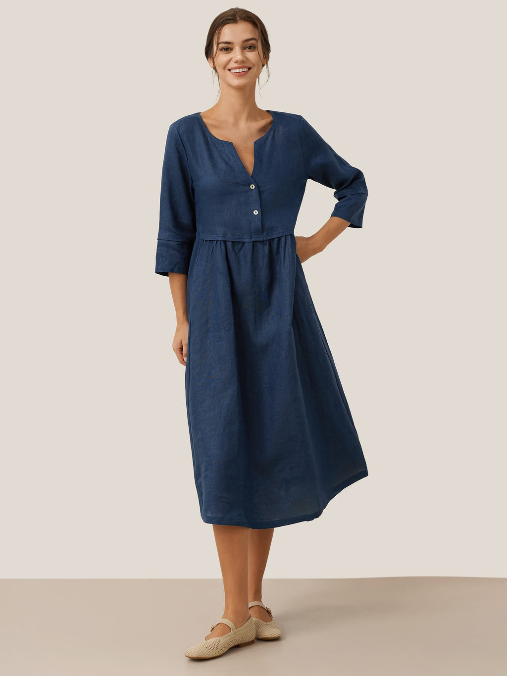 Loose Fit Button Waist Gathered Midi Dress