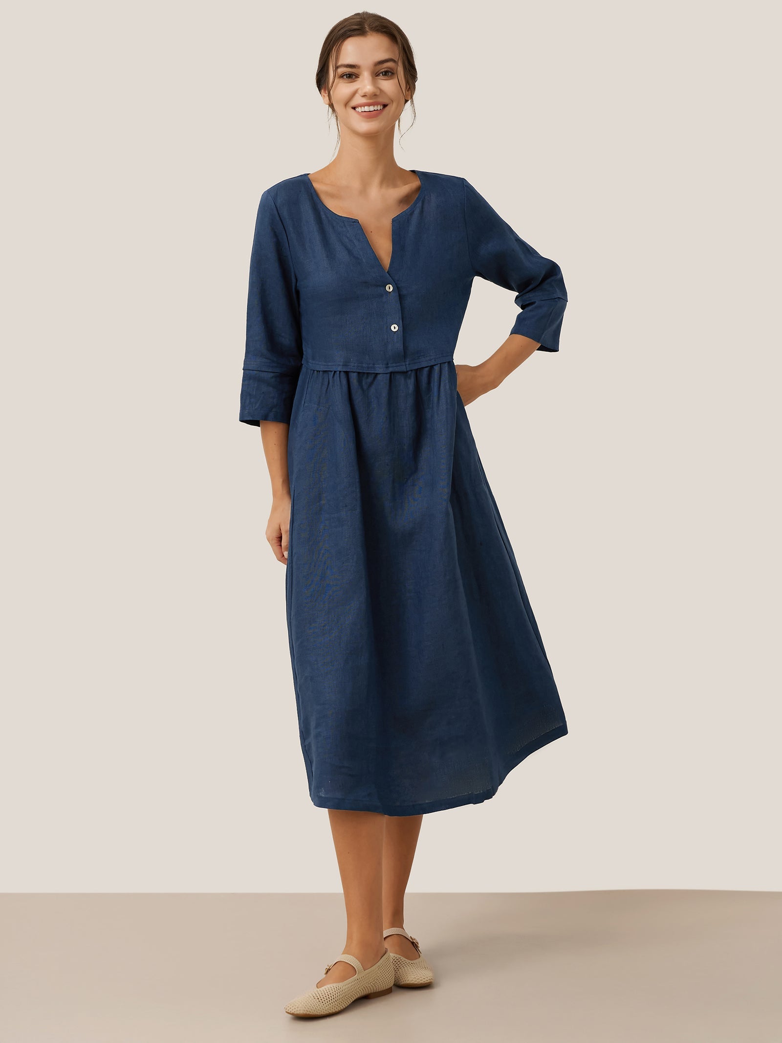 Loose Fit Button Waist Gathered Midi Dress