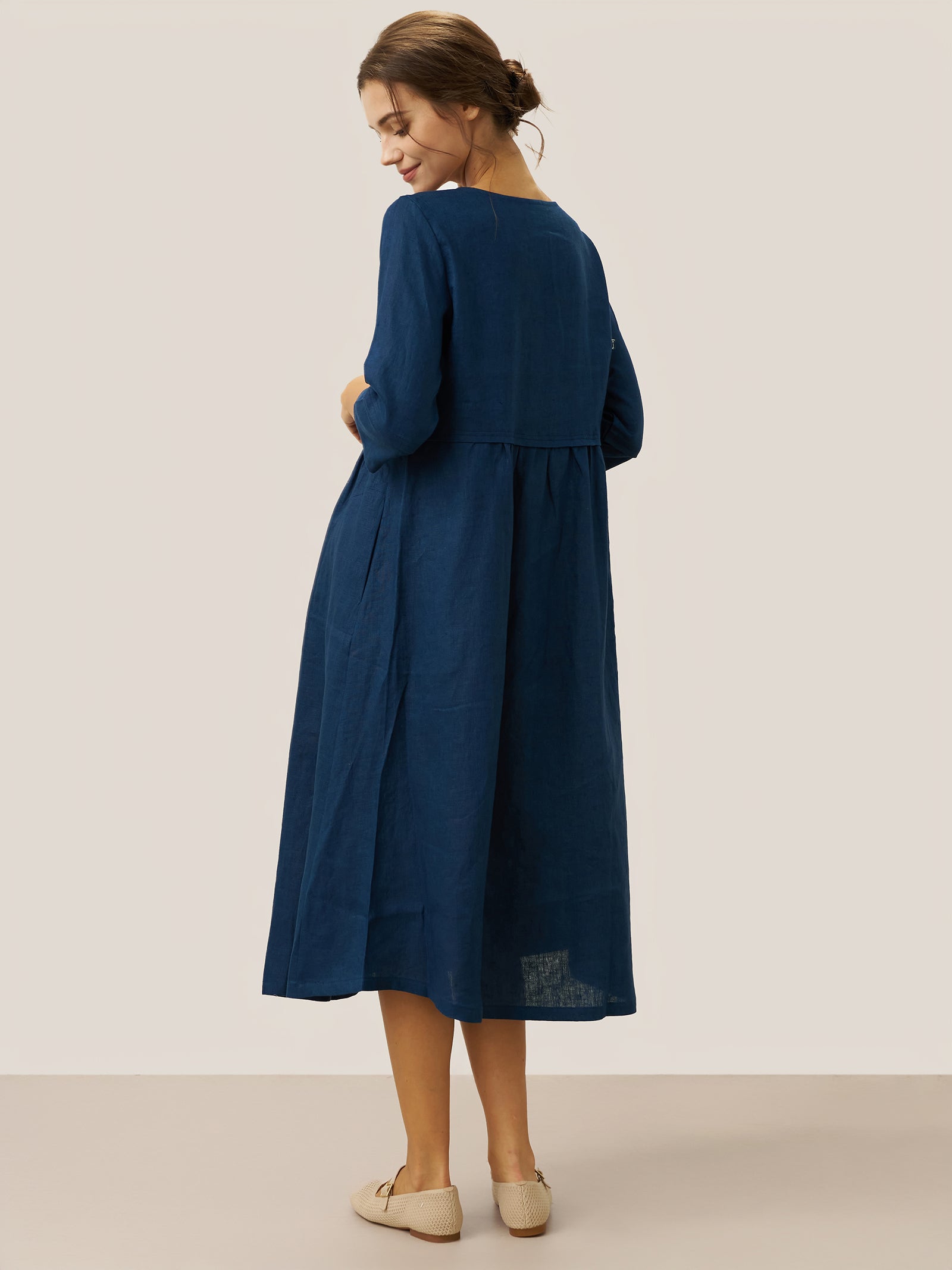 Loose Fit Button Waist Gathered Midi Dress