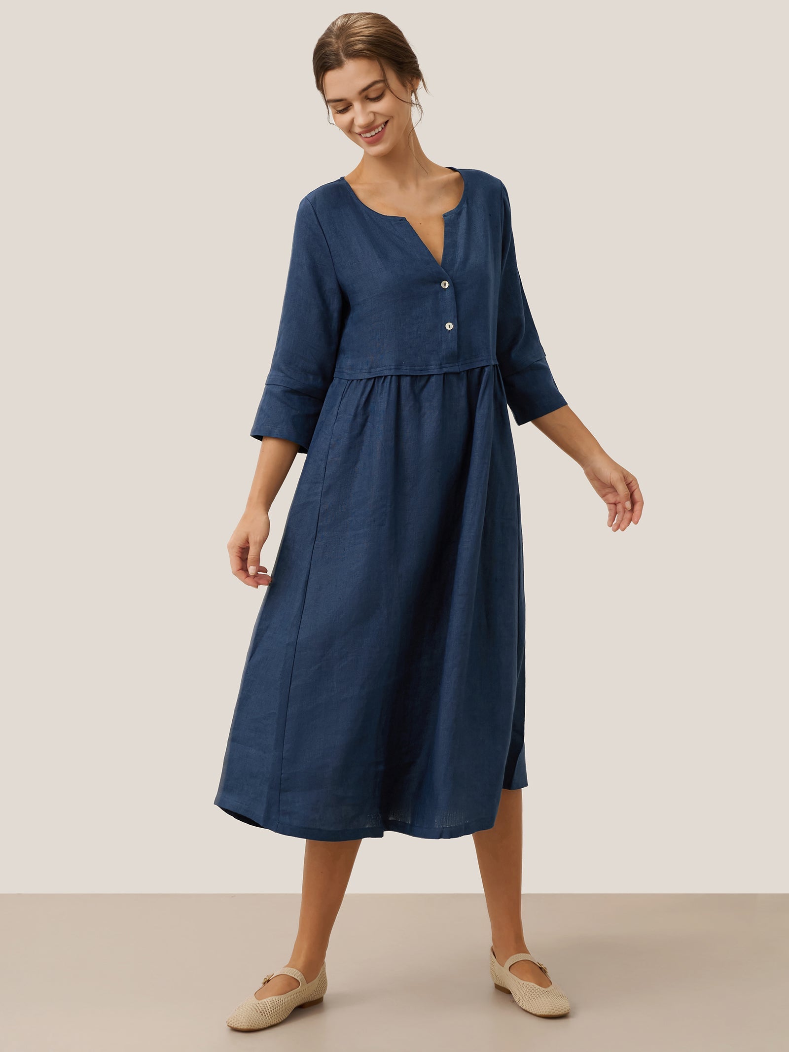 Loose Fit Button Waist Gathered Midi Dress