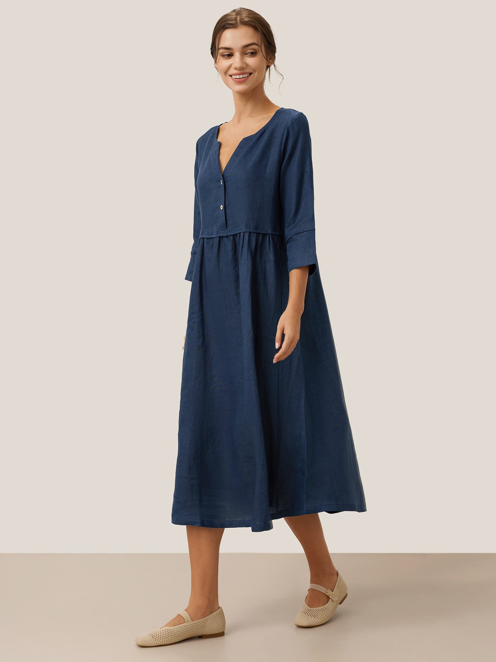 Loose Fit Button Waist Gathered Midi Dress