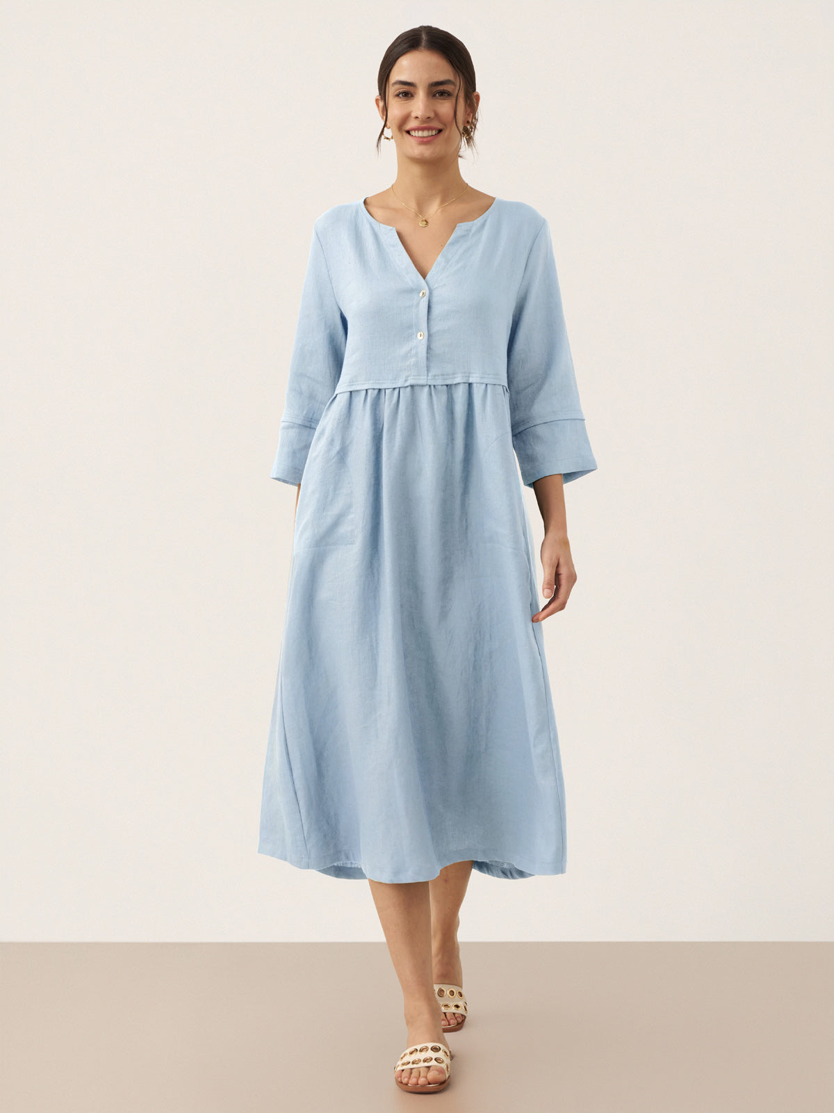 Loose Fit Button Waist Gathered Midi Dress