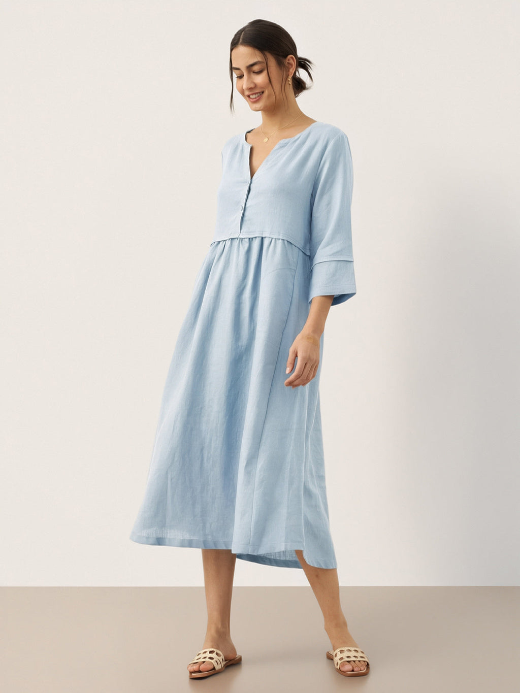Loose Fit Button Waist Gathered Midi Dress