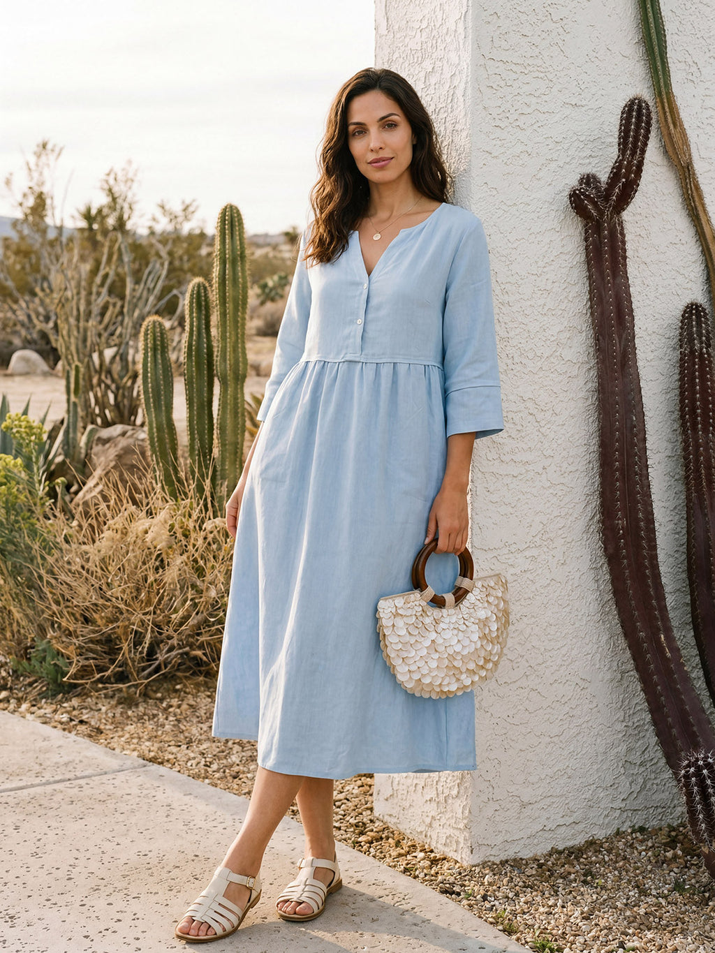Loose Fit Button Waist Gathered Midi Dress