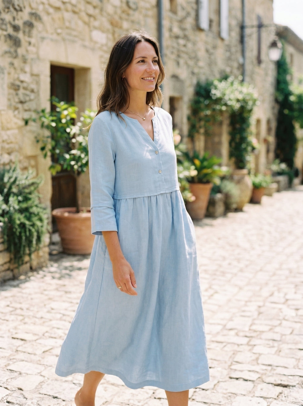 Loose Fit Button Waist Gathered Midi Dress
