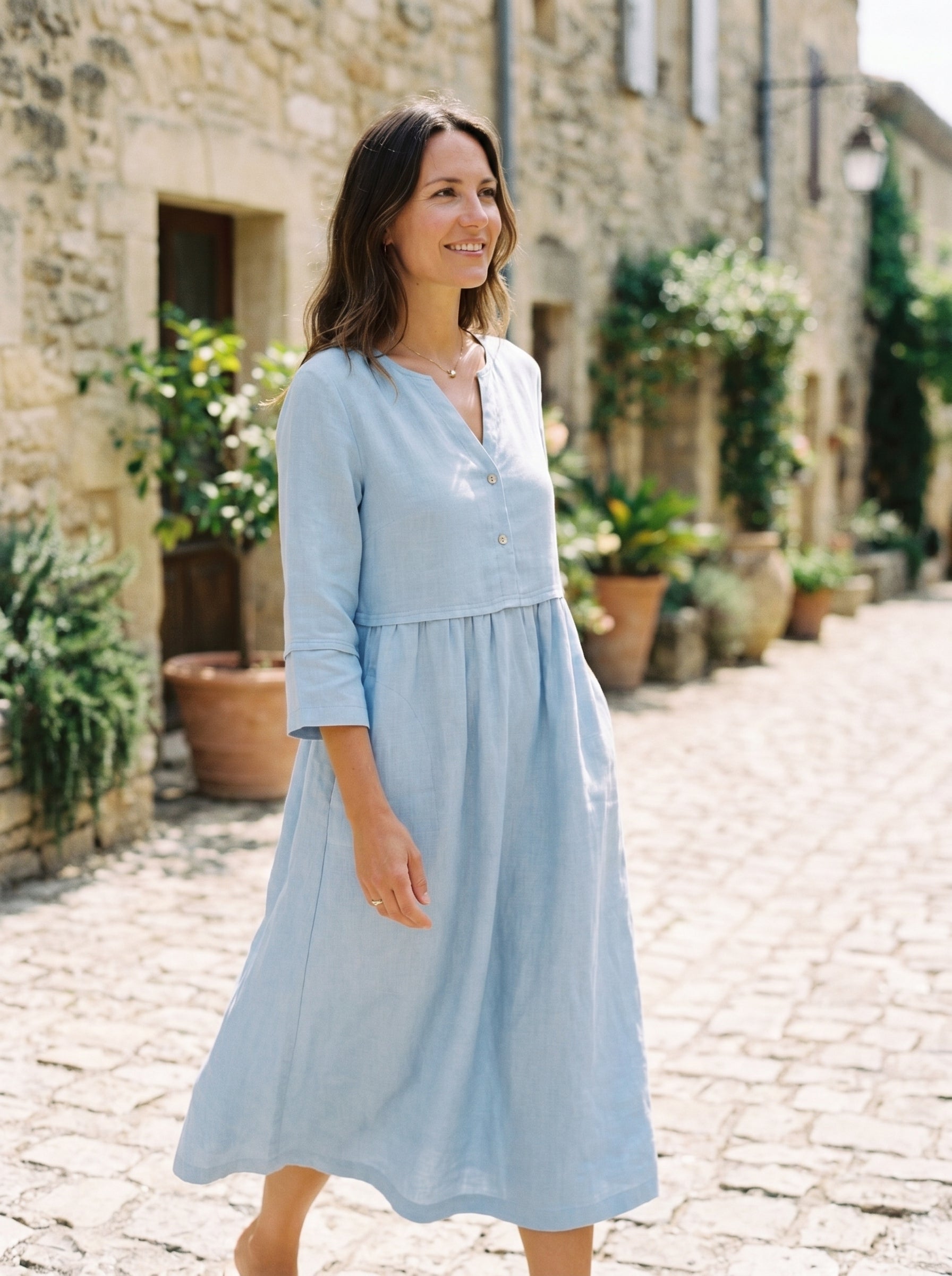 Loose Fit Button Waist Gathered Midi Dress