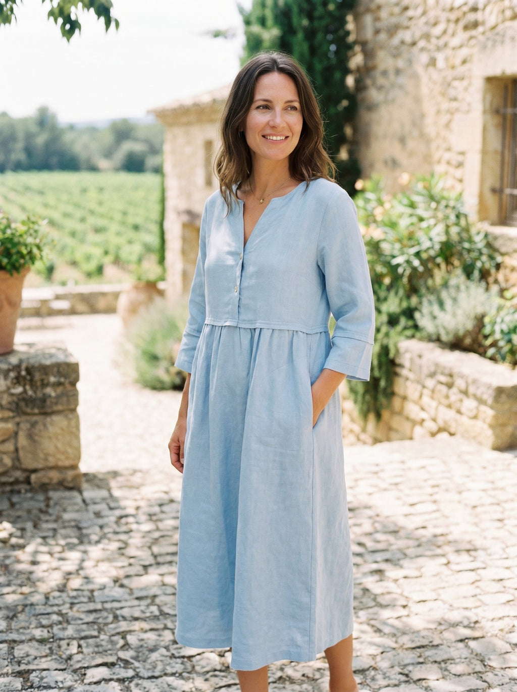 Loose Fit Button Waist Gathered Midi Dress