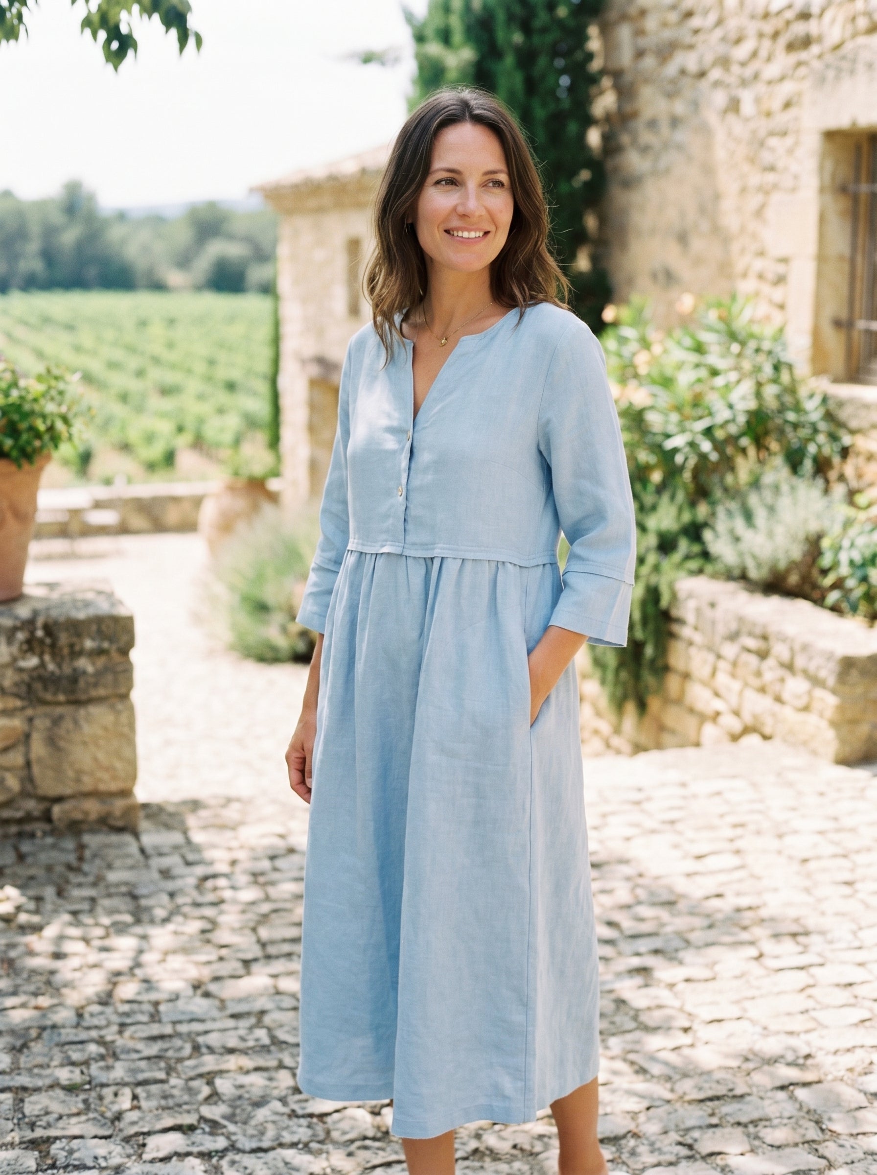 Loose Fit Button Waist Gathered Midi Dress
