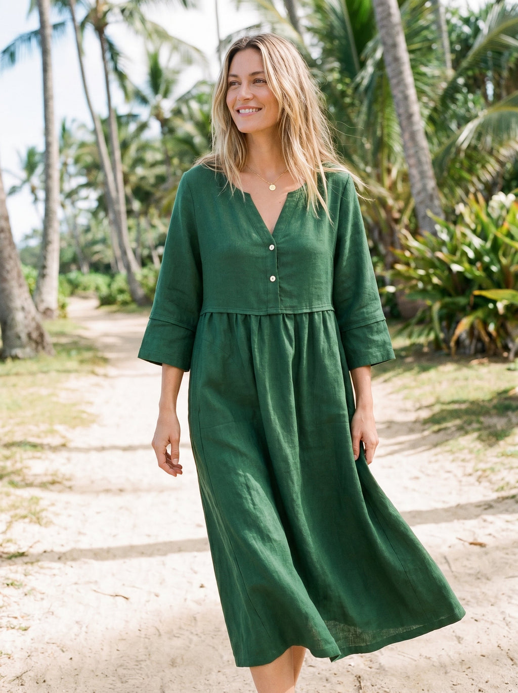 Loose Fit Button Waist Gathered Midi Dress