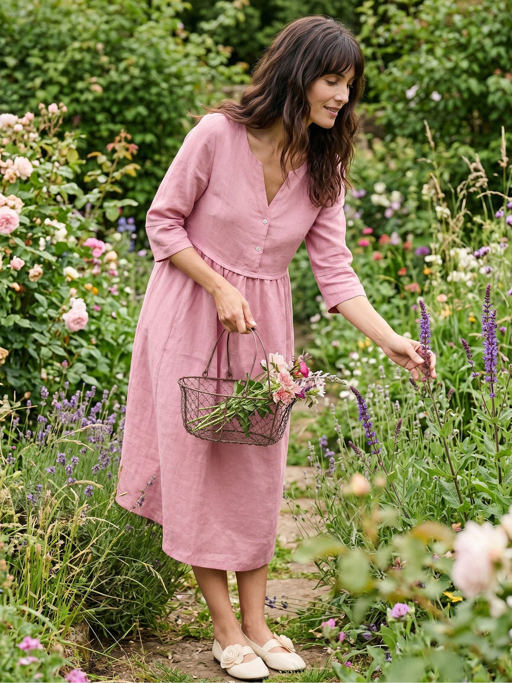 Loose Fit Button Waist Gathered Midi Dress