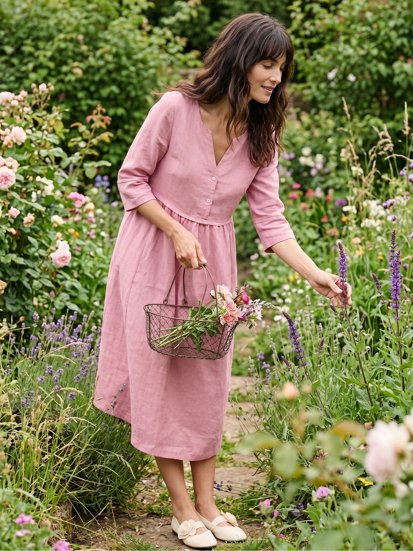 Loose Fit Button Waist Gathered Midi Dress