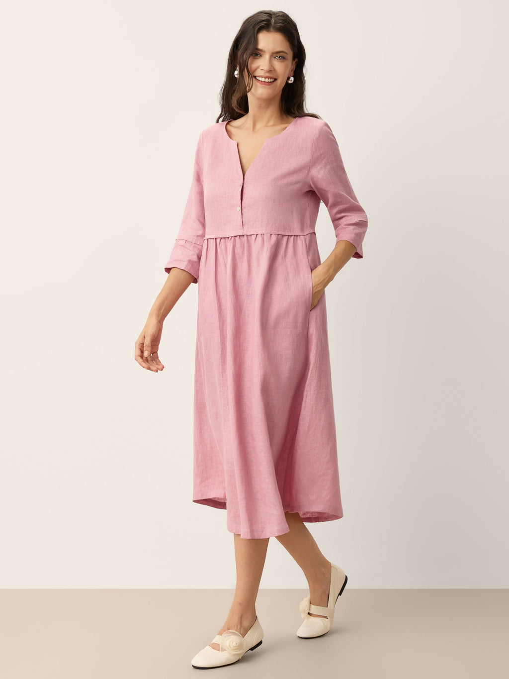 Loose Fit Button Waist Gathered Midi Dress
