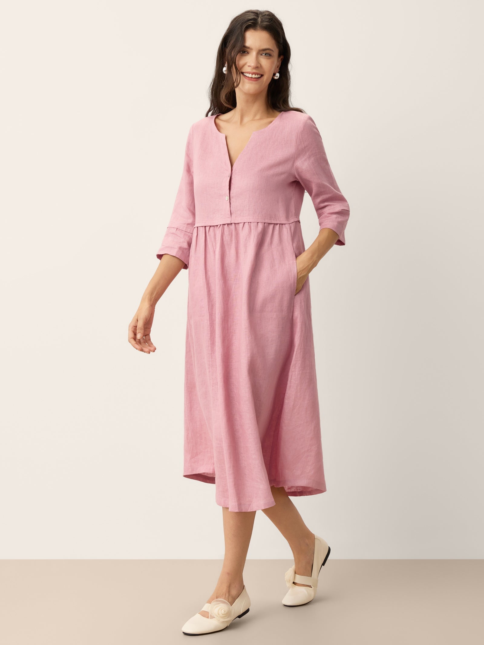Loose Fit Button Waist Gathered Midi Dress