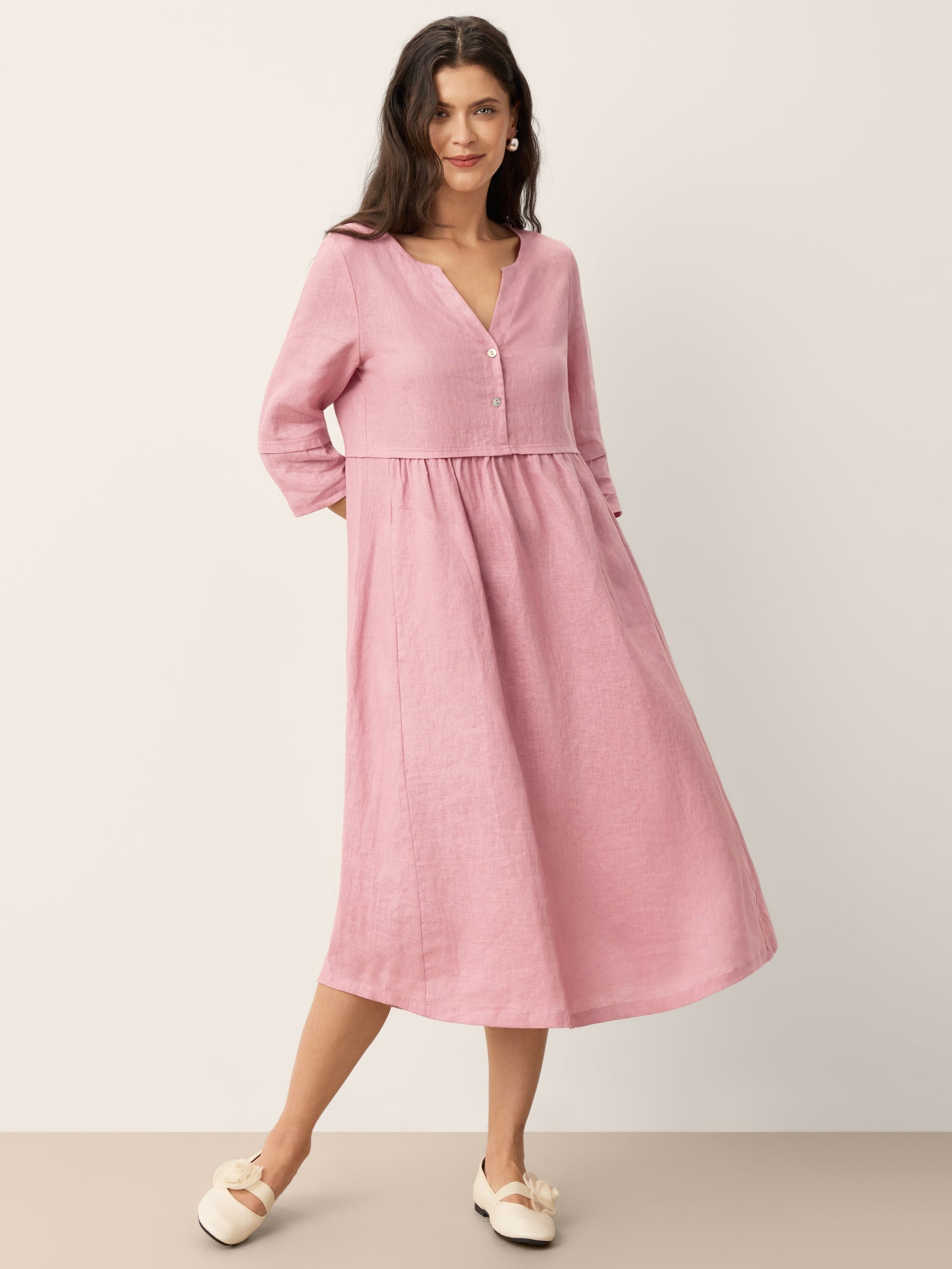 Loose Fit Button Waist Gathered Midi Dress