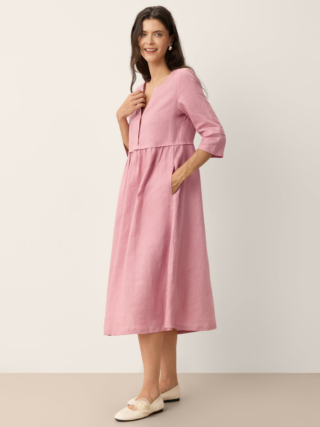 Loose Fit Button Waist Gathered Midi Dress