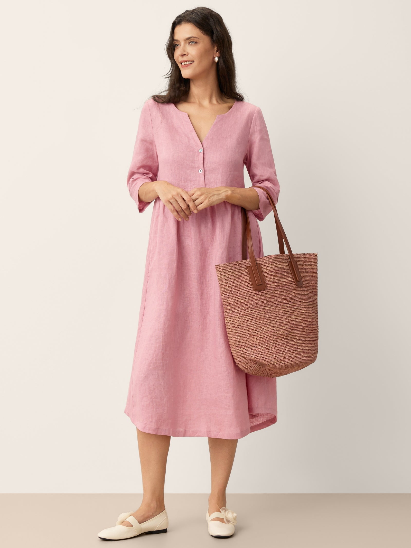 Loose Fit Button Waist Gathered Midi Dress