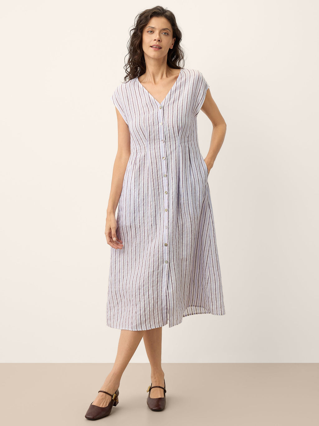 Striped Tailored Cap Sleeve Midi Dress