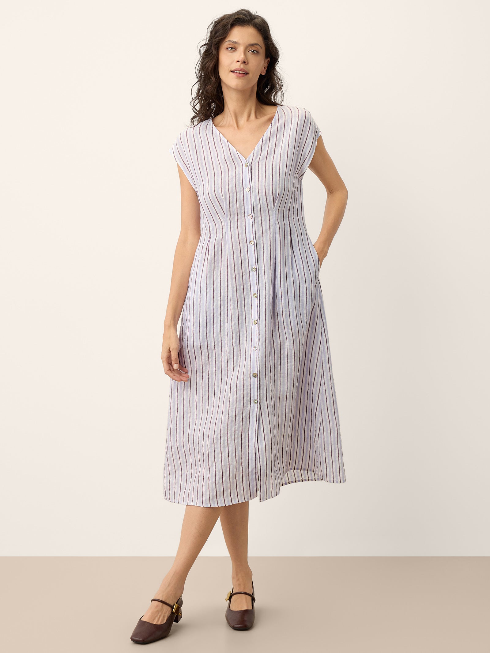 Striped Tailored Cap Sleeve Midi Dress