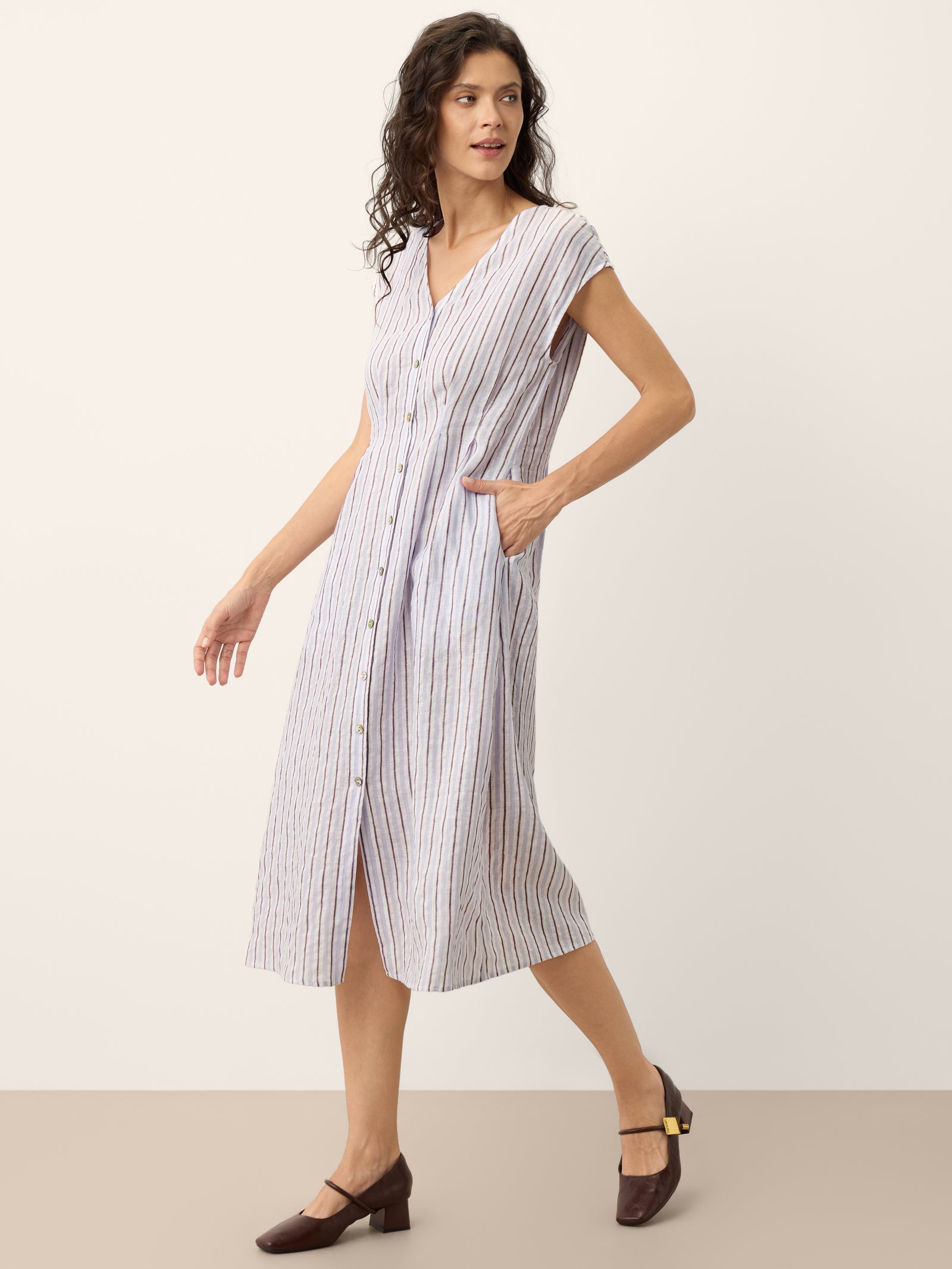 Striped Tailored Cap Sleeve Midi Dress