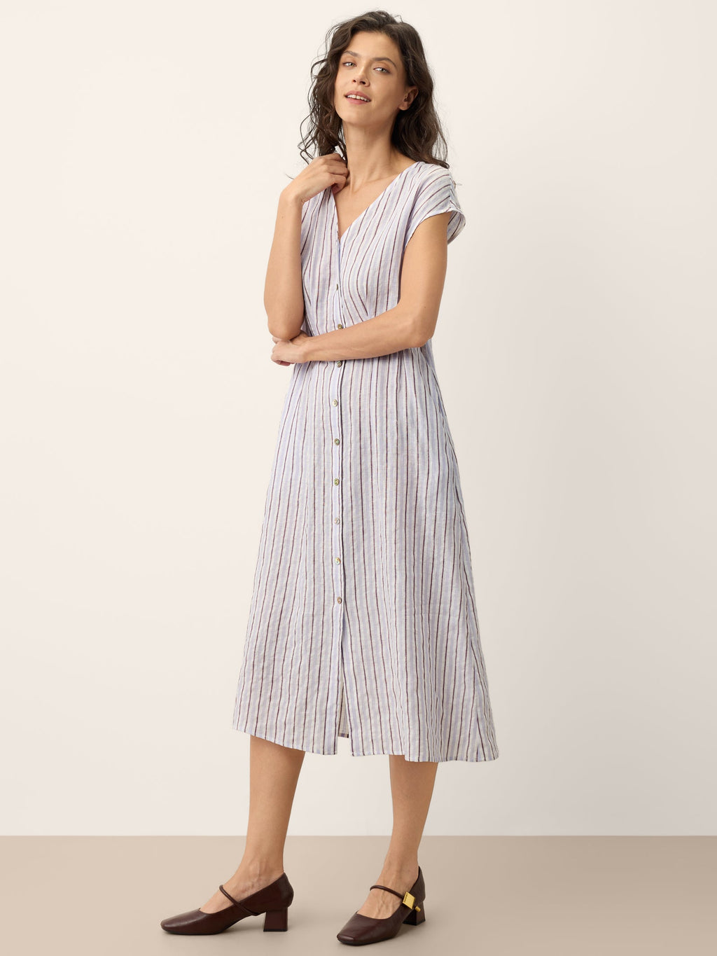 Striped Tailored Cap Sleeve Midi Dress