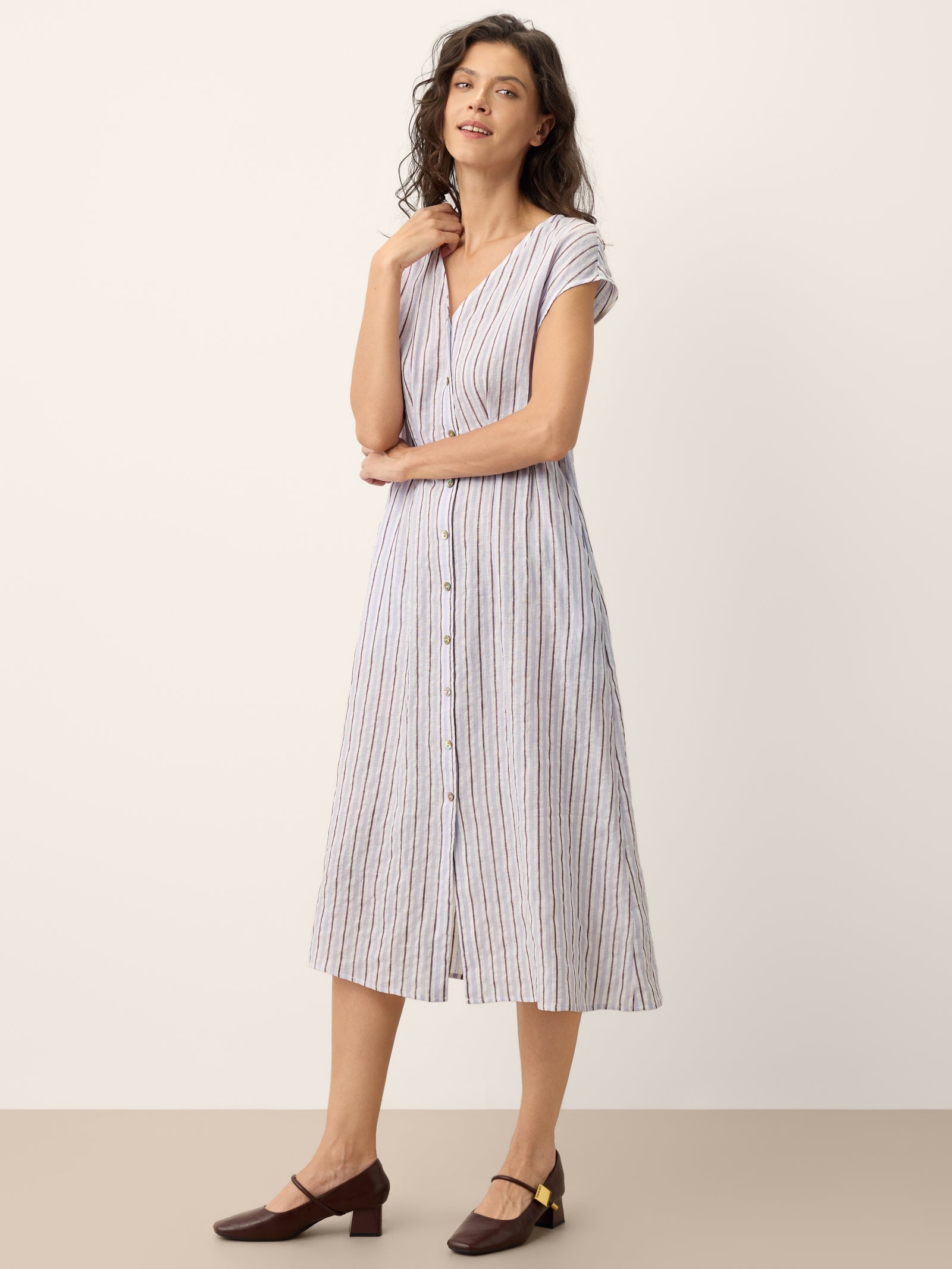 Striped Tailored Cap Sleeve Midi Dress