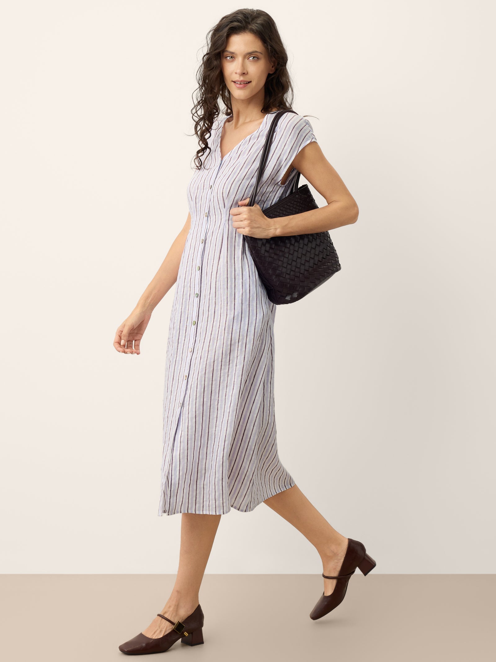 Striped Tailored Cap Sleeve Midi Dress