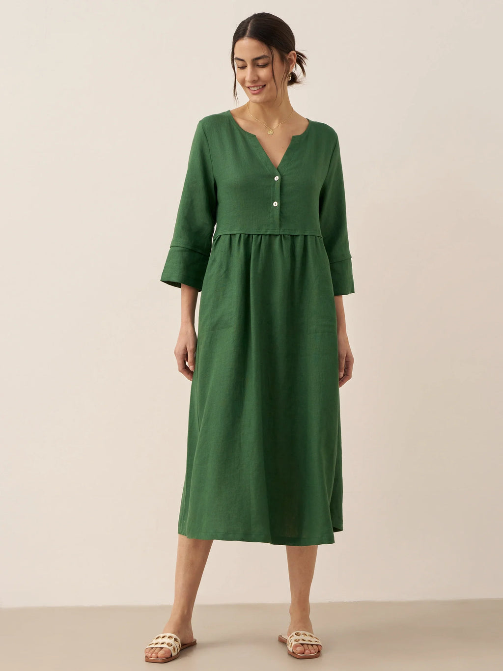 Loose Fit Button Waist Gathered Midi Dress