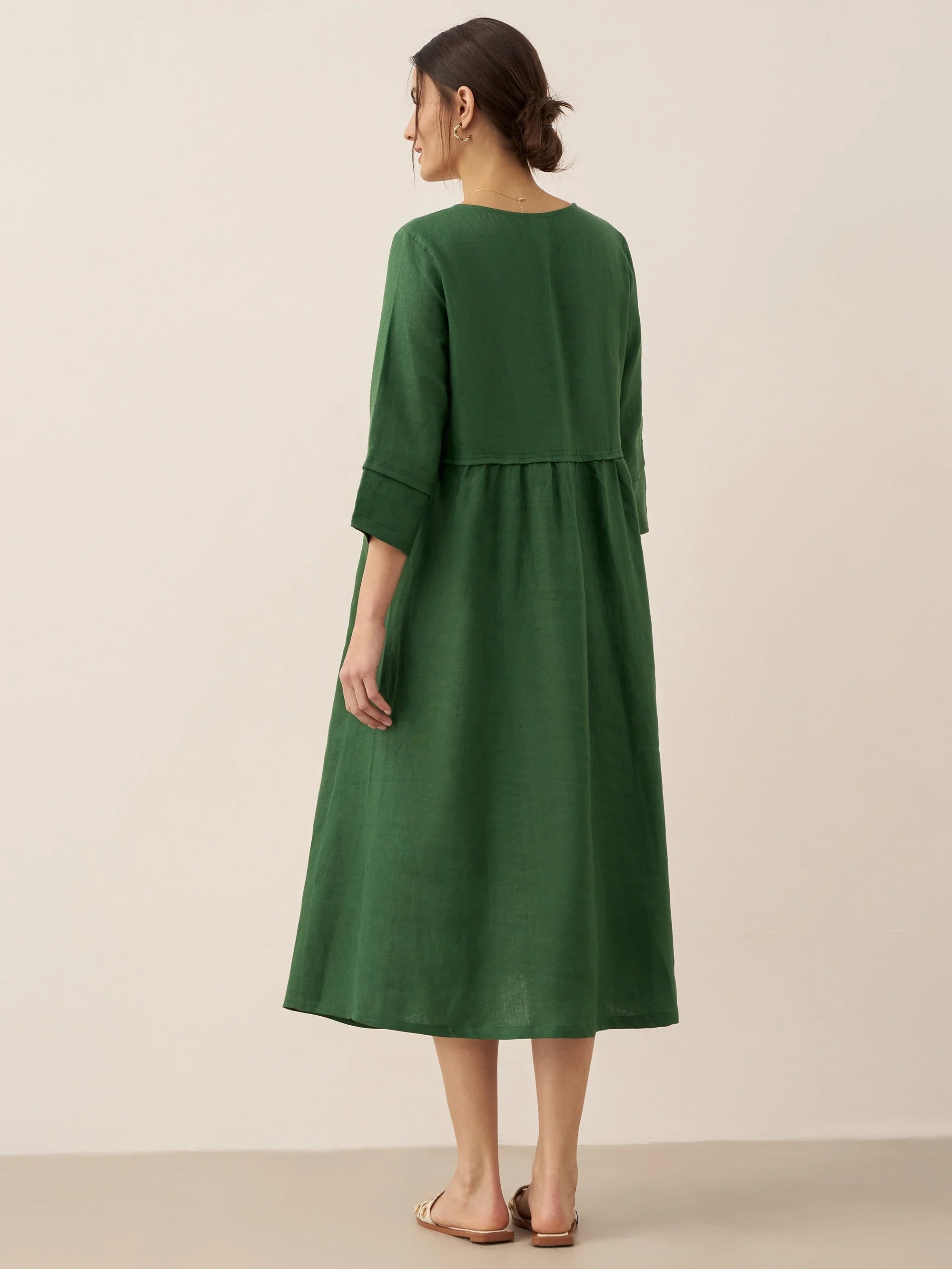 Loose Fit Button Waist Gathered Midi Dress