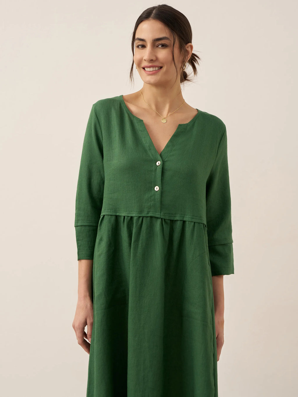 Loose Fit Button Waist Gathered Midi Dress