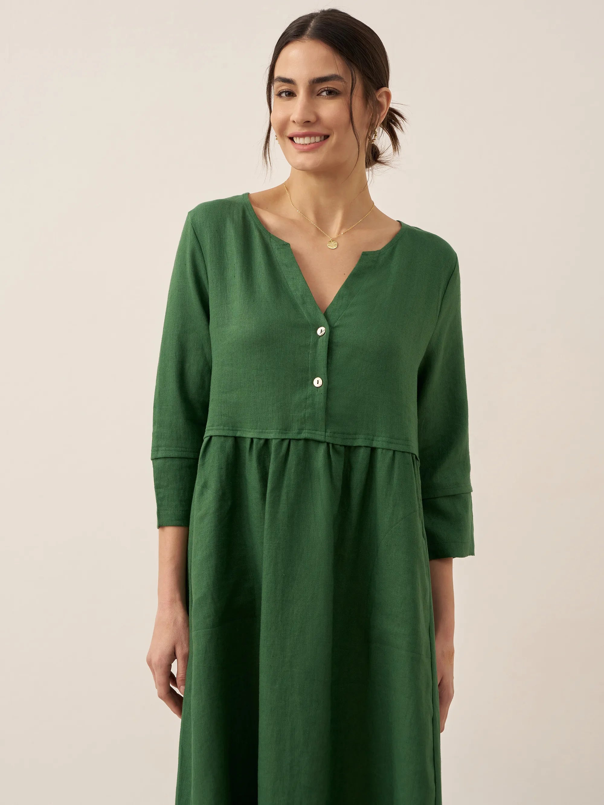Loose Fit Button Waist Gathered Midi Dress