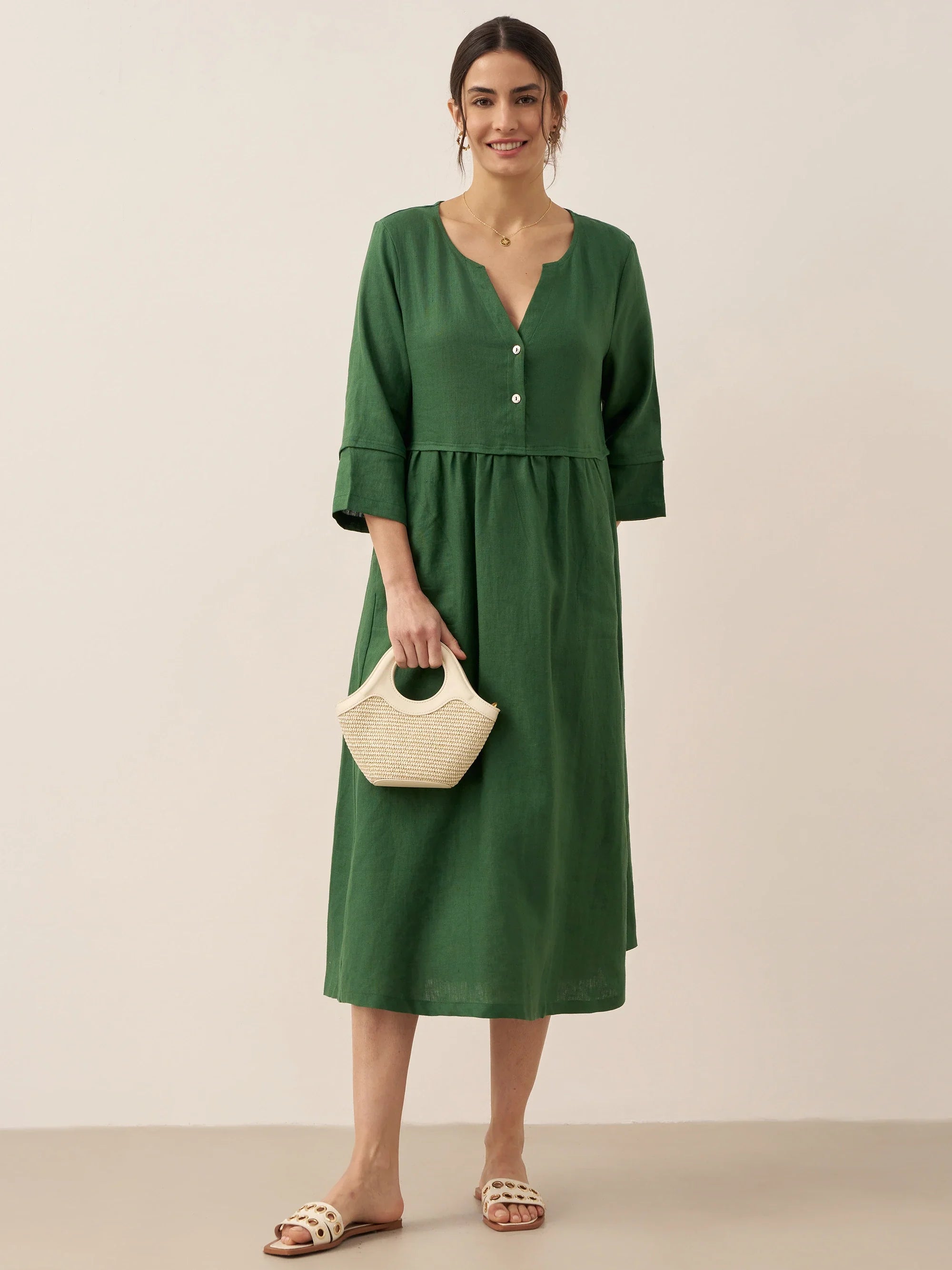 Loose Fit Button Waist Gathered Midi Dress