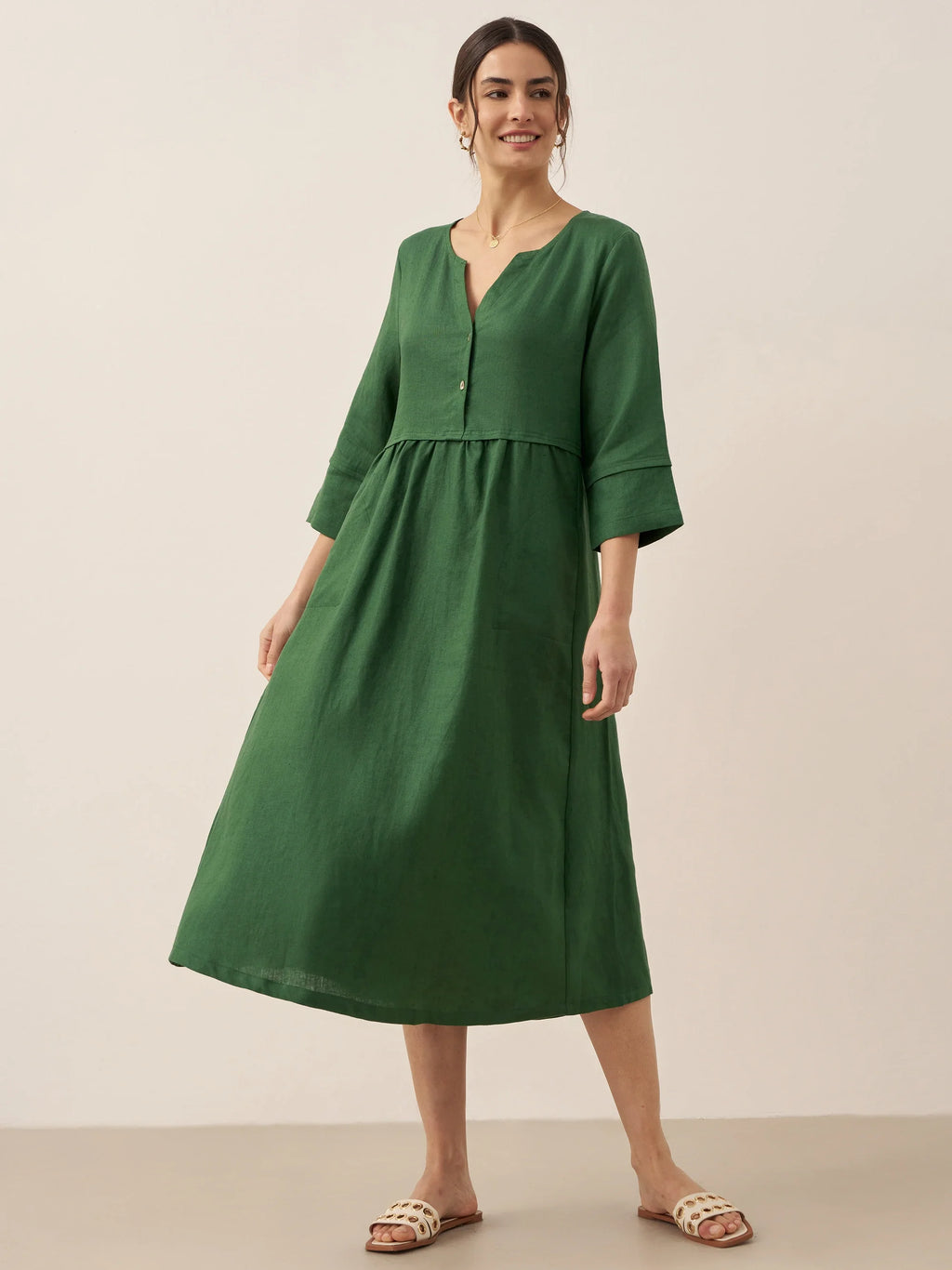 Loose Fit Button Waist Gathered Midi Dress