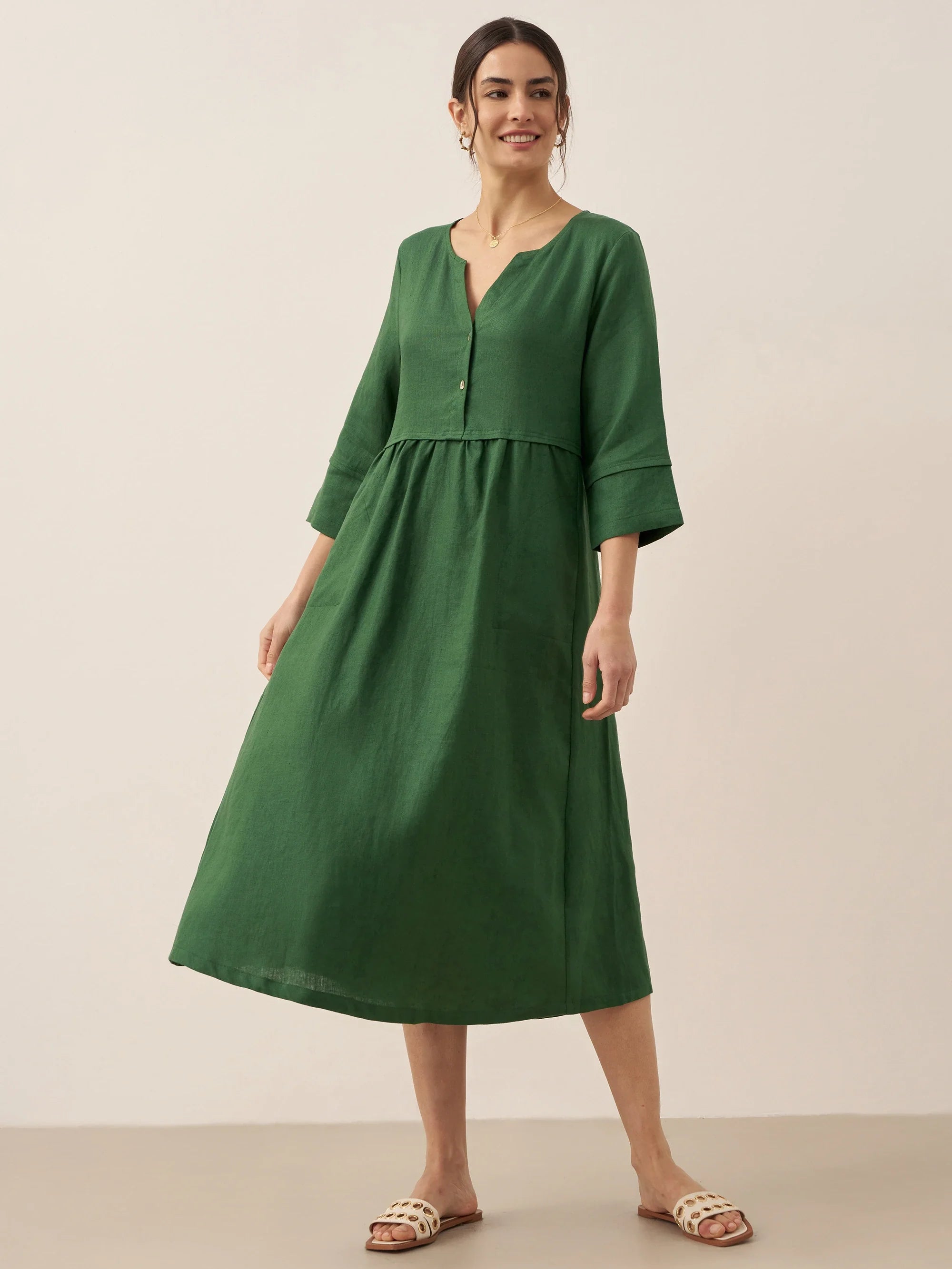 Loose Fit Button Waist Gathered Midi Dress