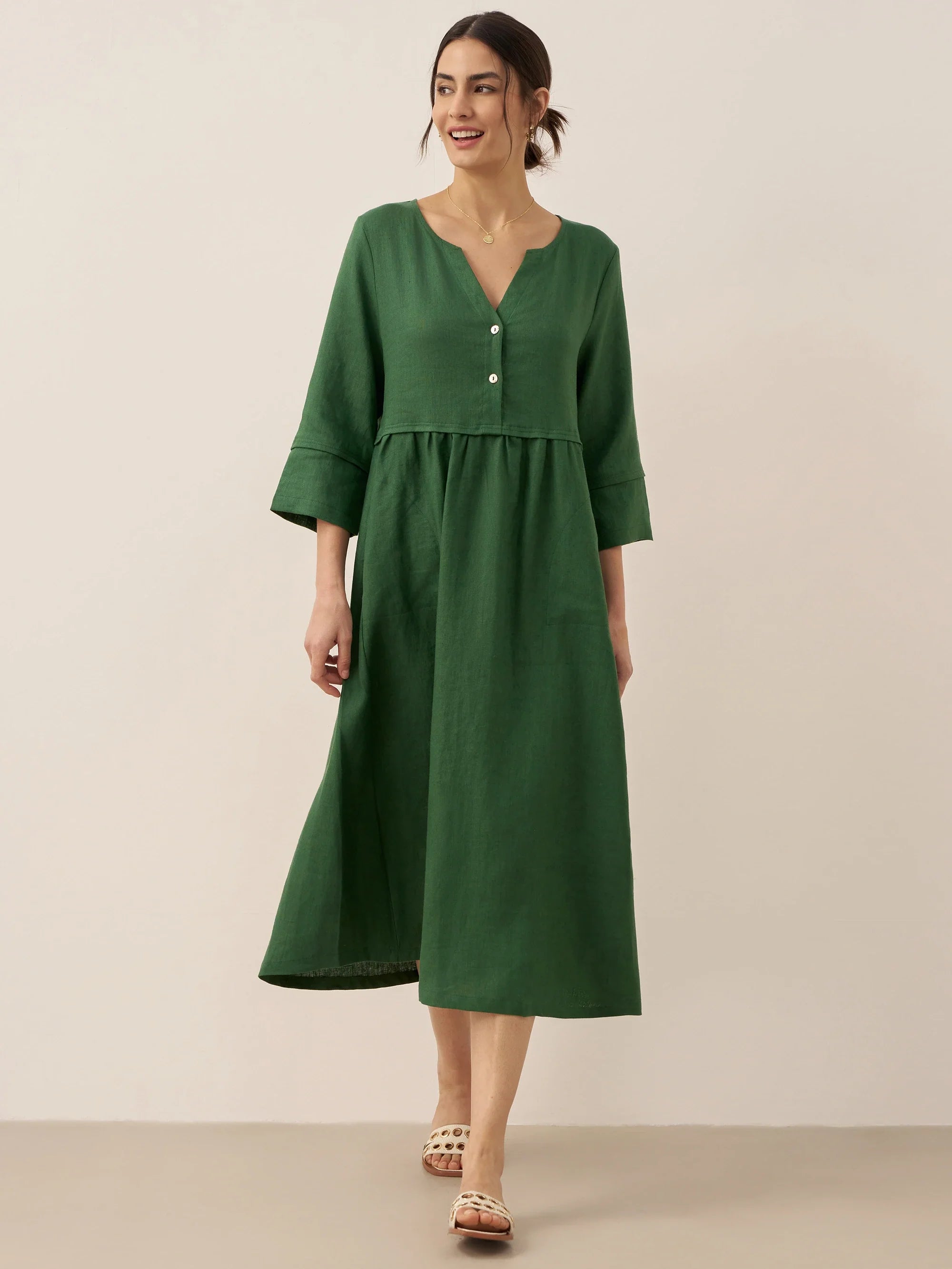 Loose Fit Button Waist Gathered Midi Dress
